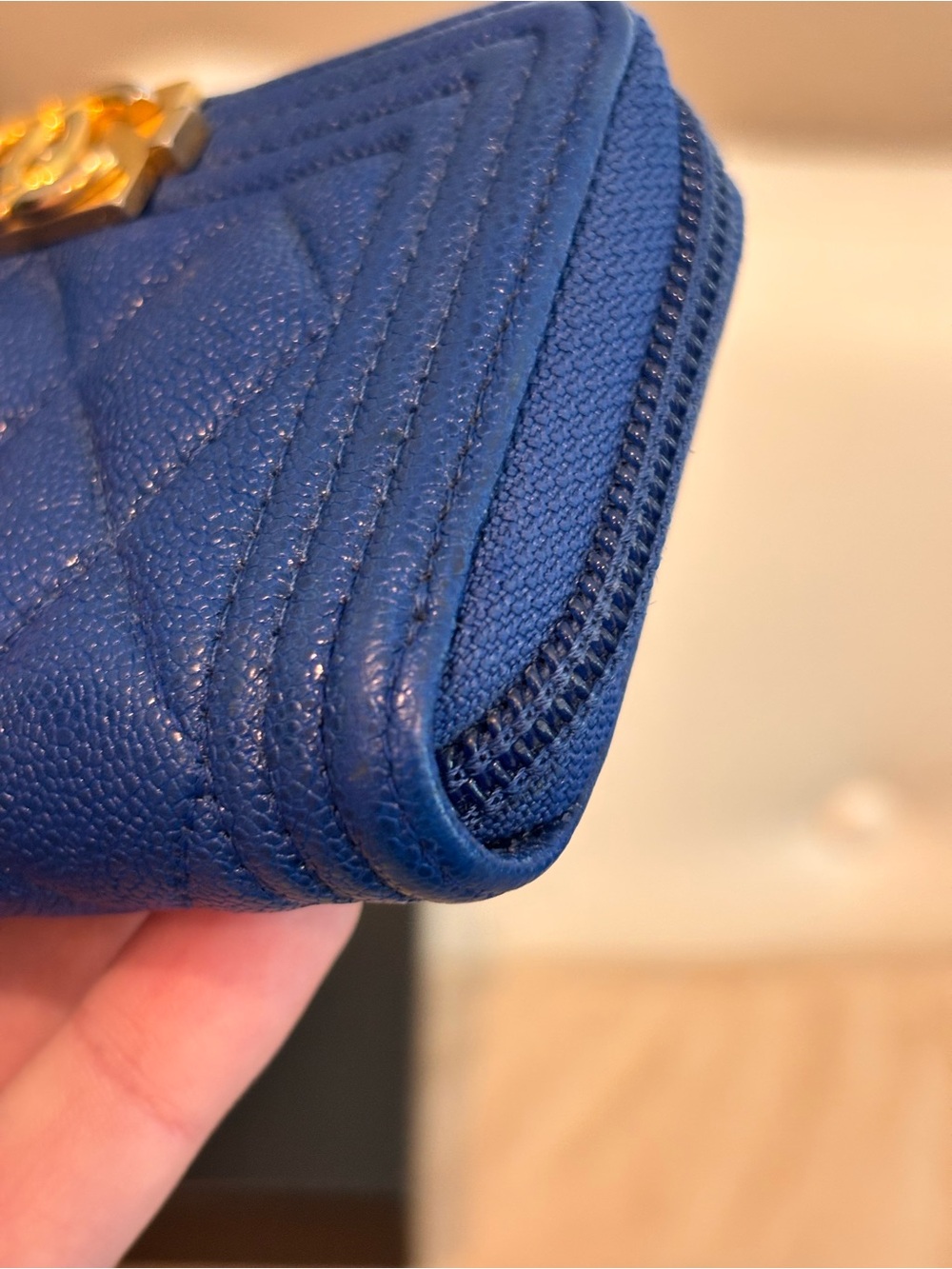 CHANEL Boy Blue Caviar Quilted Leather Zip Around Coin Purse Wallet W/ Box - Picture 6 of 16